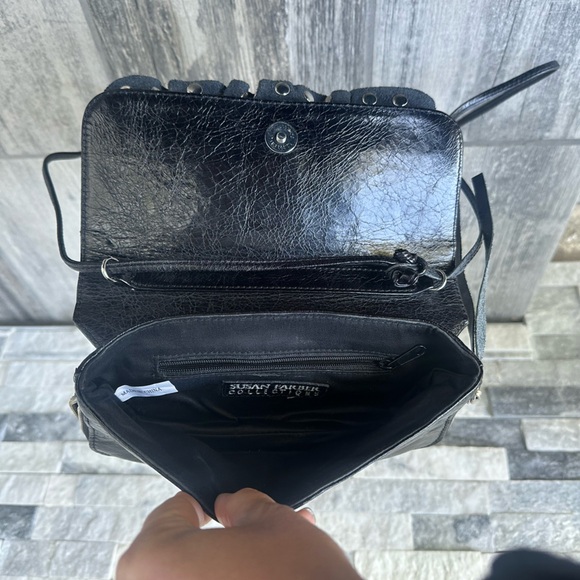 Susan Farber Y2K Leather Ruffle Studed Clutch or Crossbody Purse Black Boho - Picture 15 of 15